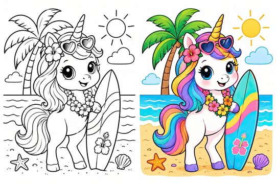 Cute pixel art unicorn surfing on a beach with palm tree and sun