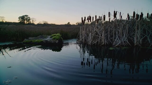 Sending small splash creating ringed ripples across marsh pond at sunset, with reeds and moss rock