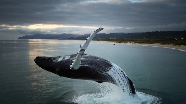 Breaching humpback whale launching, rotating near beach and exposing white pectoral fins and splash