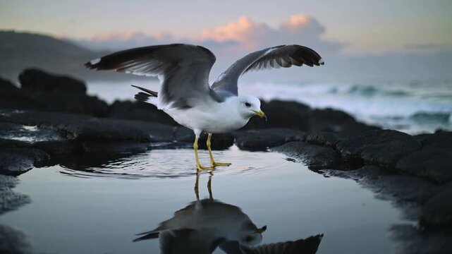 Shifting single seagull spreading wings and pecking tidal pool at rocky shoreline, seeking food