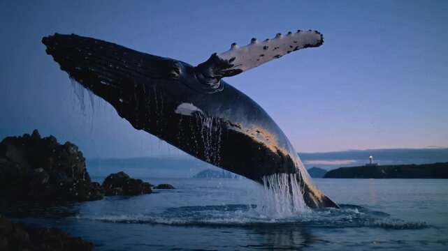 Breaching humpback whale launching after rising near rocky shore, with spray and lighthouse beacon