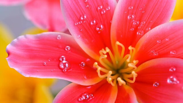 Pink flower covered with clear water droplets fills frame in close-up, revealing vivid coral-pink petals and yellow stamens against softly blurred orange and gray background