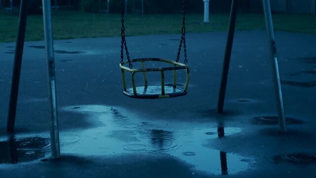 Dripping raindrops hitting puddles, empty yellow bucket swing swaying at park, creating ripples