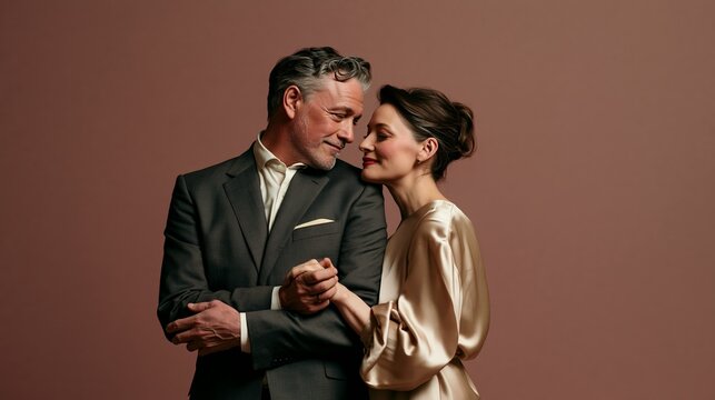 a man and a woman in a tender embrace. The man wears a dark gray suit with a white shirt and a pocket square.