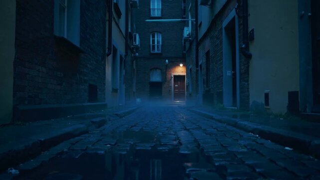 Glistening cobbled stones mirroring cyan lamp, doorway glow as frames advance in alley