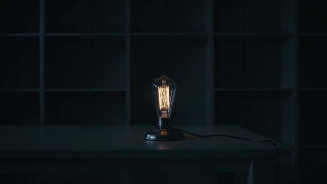 Fading vintage Edison-style lamp dimming and flickering on tabletop, power cord hinting outage