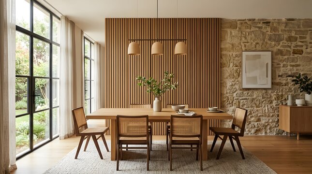 Modern Dining Room Interior with Wooden Table and Vertical Slat Wall Panel