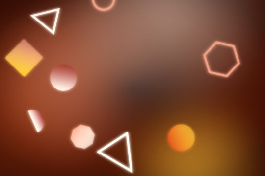 Abstract geometric shape background with glowing neon triangles and circles on dark warm brown backdrop design.