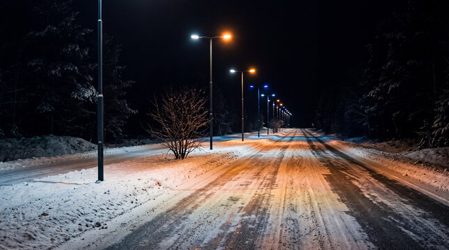 Snow covered road illuminated by streetlights at night winter scene