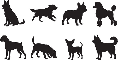 Obraz premium Set of eight black dog breed silhouettes, including german shepherd, french bulldog, poodle, boxer, beagle, and chihuahua in a grid layout