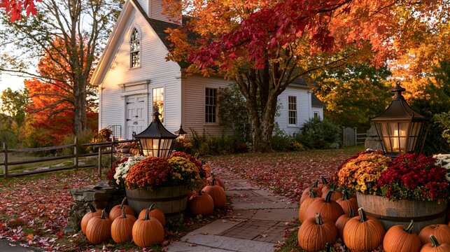 a serene autumn scene depicts a quaint white house with a steeply pitched roof nestled among trees with vibrant red, orange, and yellow leaves. The house is surrounded by a wooden fence.