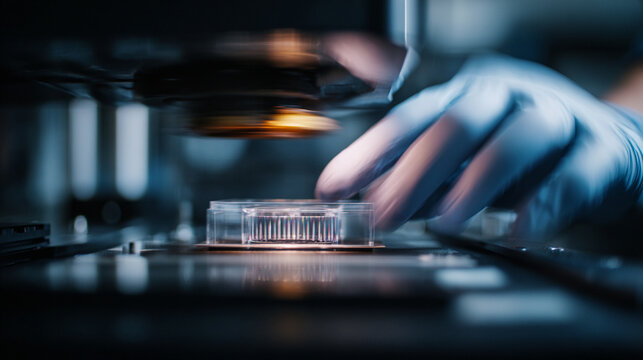 Scientific researcher examining a sample in a petri dish under a high power laboratory light microscope
