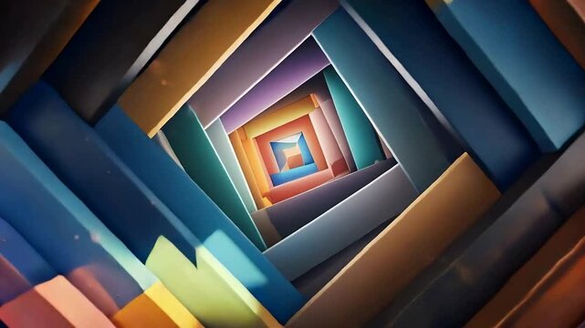 Advancing camera moving through geometric tunnel, revealing nested diamond and translucent panels