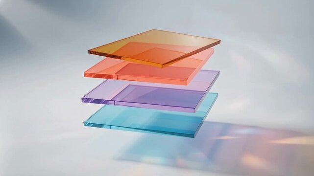 Animating four translucent plates in studio drifting and rotating producing evolving color blends