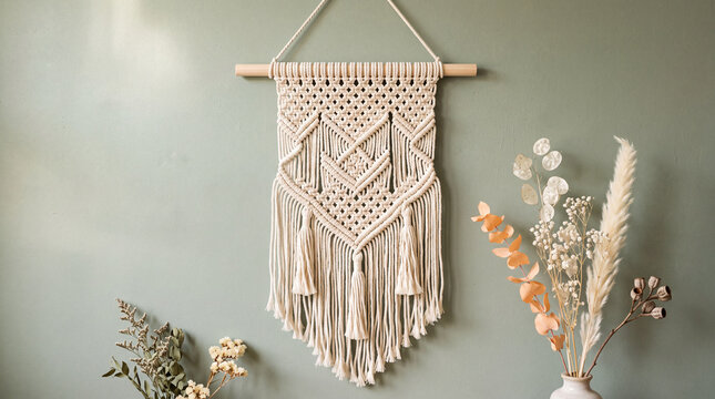 Cream macrame wall hanging decorates a muted green wall with dried botanicals