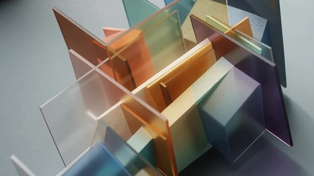 Shifting camera to reveal amber core and slots holding panels on studio table, soft light moving