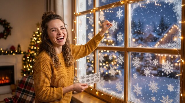 Window decorated with snowflakes, Young woman decorating window with snowflake stickers in cozy living room  