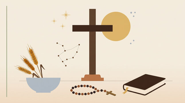 Religious symbols with cross, Bible, wheat, and rosary on background  
