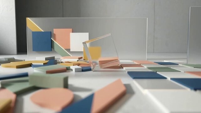 Entering from right, clear cube rolling across tabletop near panes, nudging pastel tiles to rest