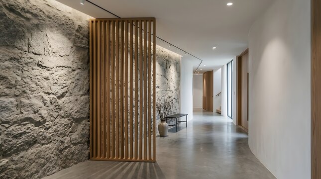 Modern hallway interior with wooden slat partition and rough stone wall