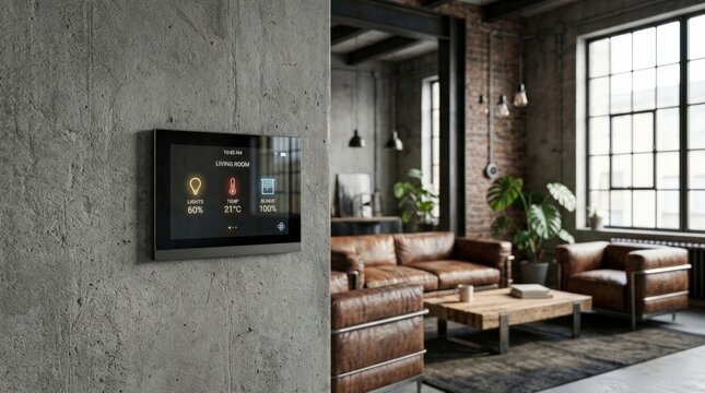 A sleek digital control panel functions as a smart thermostat on a raw concrete wall within a modern industrial loft featuring brown leather sofas and large windows