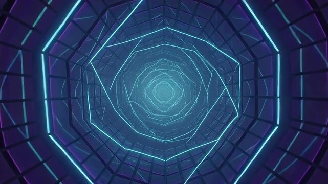 Camera moving forward showing glowing polygonal rings and wireframe grid in virtual shaft