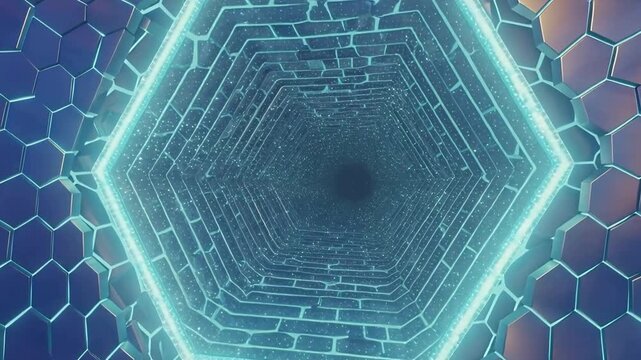 Moving camera approaching glowing hex portal and honeycomb in chamber, revealing circuitry and beam