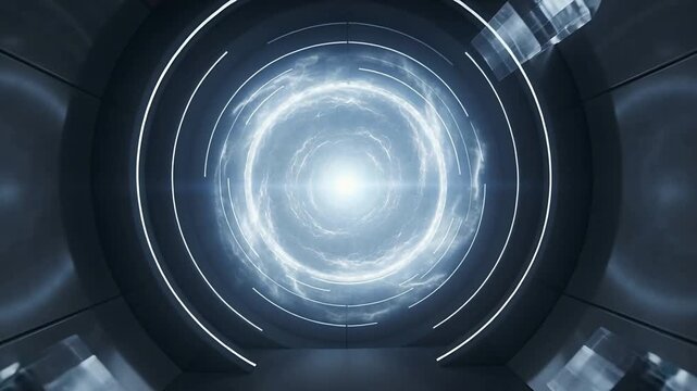 Intensifying lab tunnel glowing orb pulling camera inward lighting LEDs and mist activating portal
