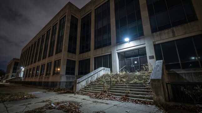 Abandoned concrete office building or hospital exterior at night with overgrown weeds and dim light