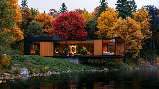 a hillside overlooking a serene lake. The house has a sleek, dark exterior and large glass windows that allow abundant natural light to illuminate the interior.