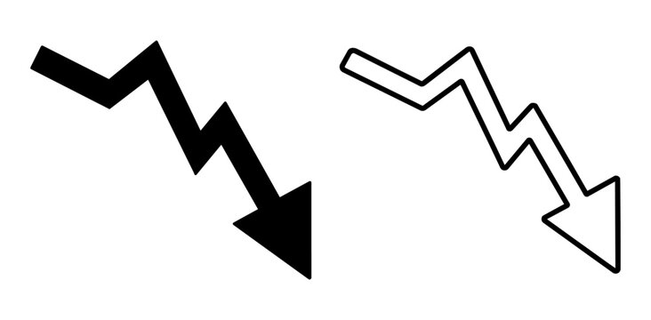 Set of two downward trend arrows, solid black and outline style, representing financial decline or negative growth