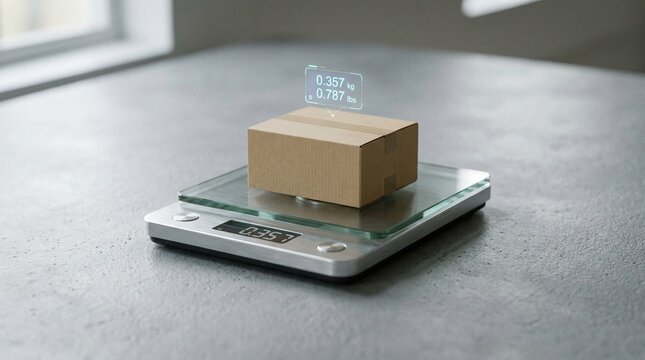 Cardboard box on a digital kitchen scale with holographic weight display