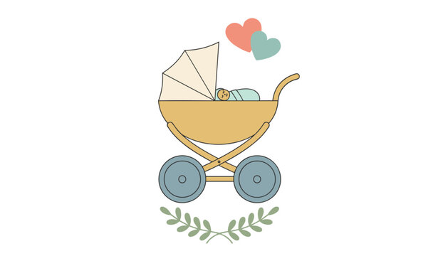 Vintage baby carriage stroller vector illustration with floating red hearts and green leaf laurel branch below it.