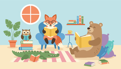 Fototapeta premium Cute wild animals reading books in a cozy living room including a fox in armchair, a bear, an owl and a crocodile.