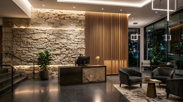 Modern office reception lobby with stone wall and wooden slat paneling