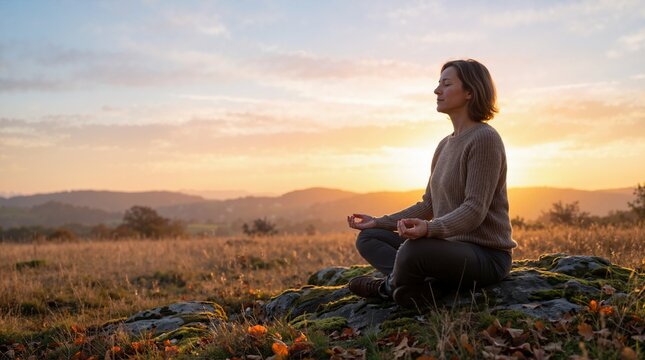 Woman meditating in lotus pose outdoors on a hill at sunrise. Person practicing mindfulness and yoga meditation during autumn equinox