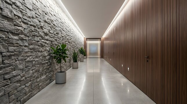 Modern Minimalist Hallway with Stone Wall and Wooden Panel Accents