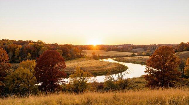 Sunset over a winding river in an autumn landscape. Sunburst on the horizon across colorful fall foliage and rolling hills. Autumnal equinox scenic countryside view