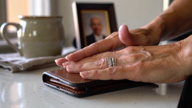 Moving in from right, senior woman's hands settling on brown leather folio on kitchen countertop