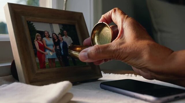 Lifting senior right hand from table, opening brass locket beside smartphone and framed photograph