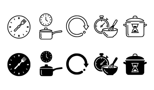 Cooking Time Outline and Solid Filled Vector Icon Set
