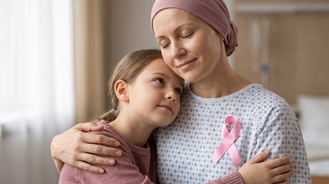 Loving mother with breast cancer awareness pink ribbon and headscarf embracing her young daughter, family support and healthcare concept.