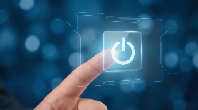 Human finger touching glowing digital power button icon on transparent virtual futuristic interface screen
