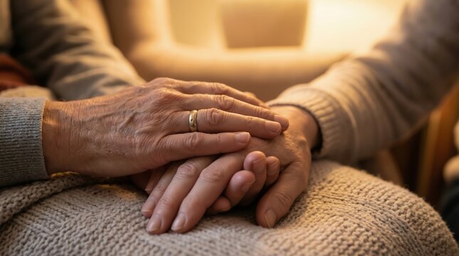Close up of elderly hands holding each other as a symbol of lifelong love care and support