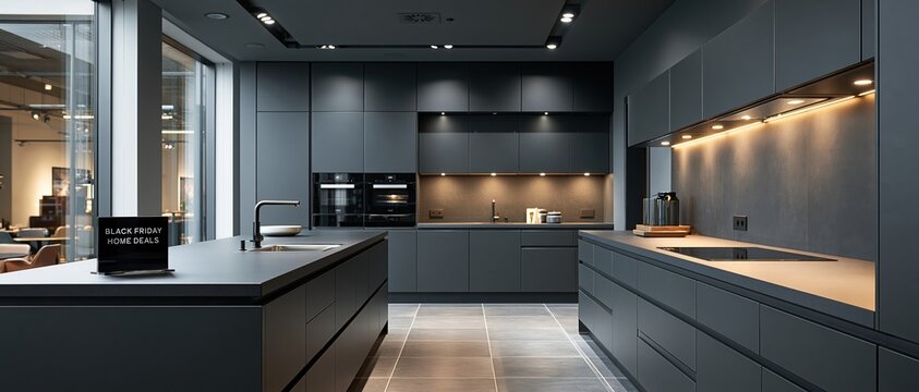 Aspirational mattegrey handleless kitchen showroom lit by warm undercabinet LEDs, featuring an island, builtin ovens, and a laptop displaying a Black Friday promotion. Perfect for retail.