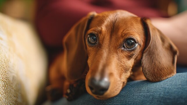 Cute red dachshund dog resting head on lap of owner wearing denim jeans. cozy concept for pet healthcare insurance veterinary clinic advertising home comfort promo or domestic animal care banner