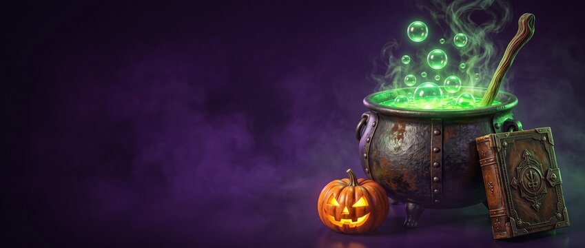 Magical Halloween scene with bubbling witch cauldron full of green potion, glowing jack o lantern pumpkin and ancient leather spellbook on smoky dark purple background