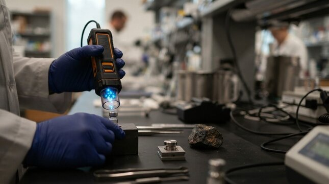 Scientist using handheld spectrometer to analyze mineral sample in laboratory