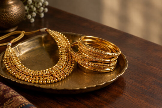 South Asian gold necklace and bangles on brass tray, jewelry arrangement