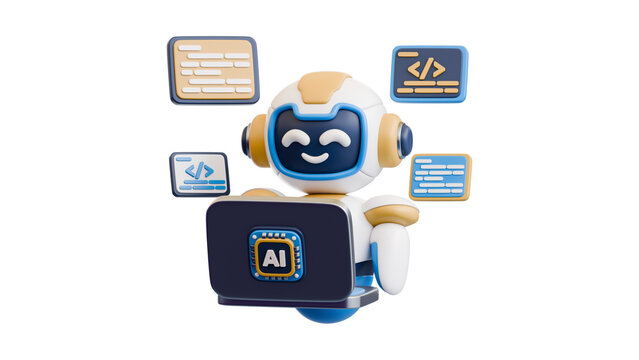 Cute AI robot character with laptop and floating code snippets, symbolizing artificial intelligence, programming, and technology in a digital environment.